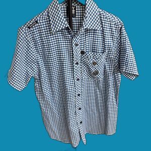 ENYCE Button Up Shirt Mens Small Blue White Check Short Sleeve Pocket‎